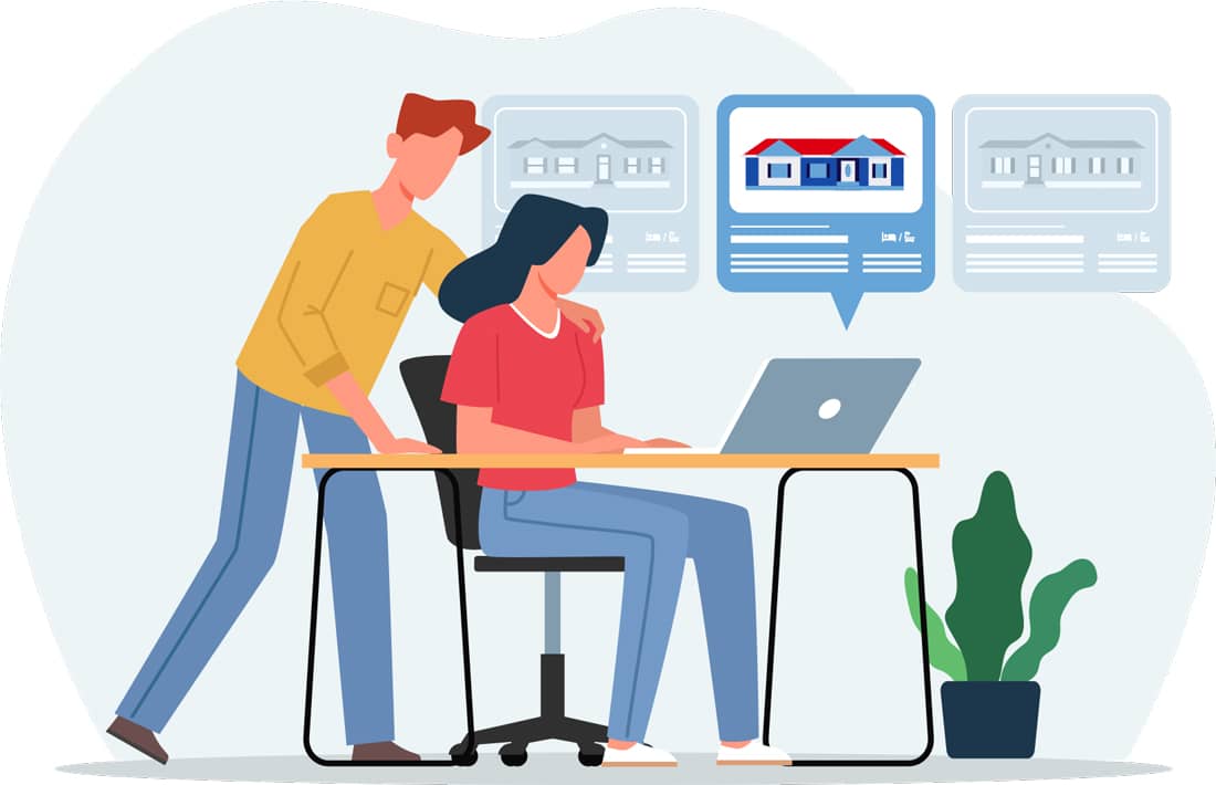 Illustration of a couple shopping online for a mobile home